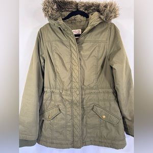 Olive Green zip up jacket with removable fur hood